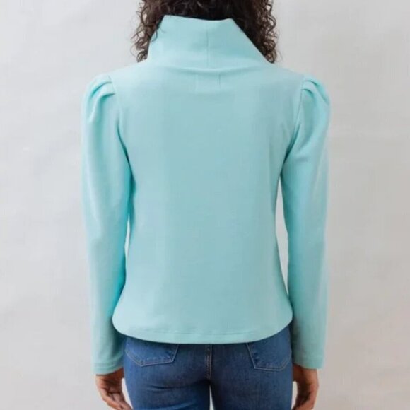 Dudley Stephens Light Blue/Mint Palmer Puff Sleeve Turtleneck in Vello Fleece - Picture 2 of 8